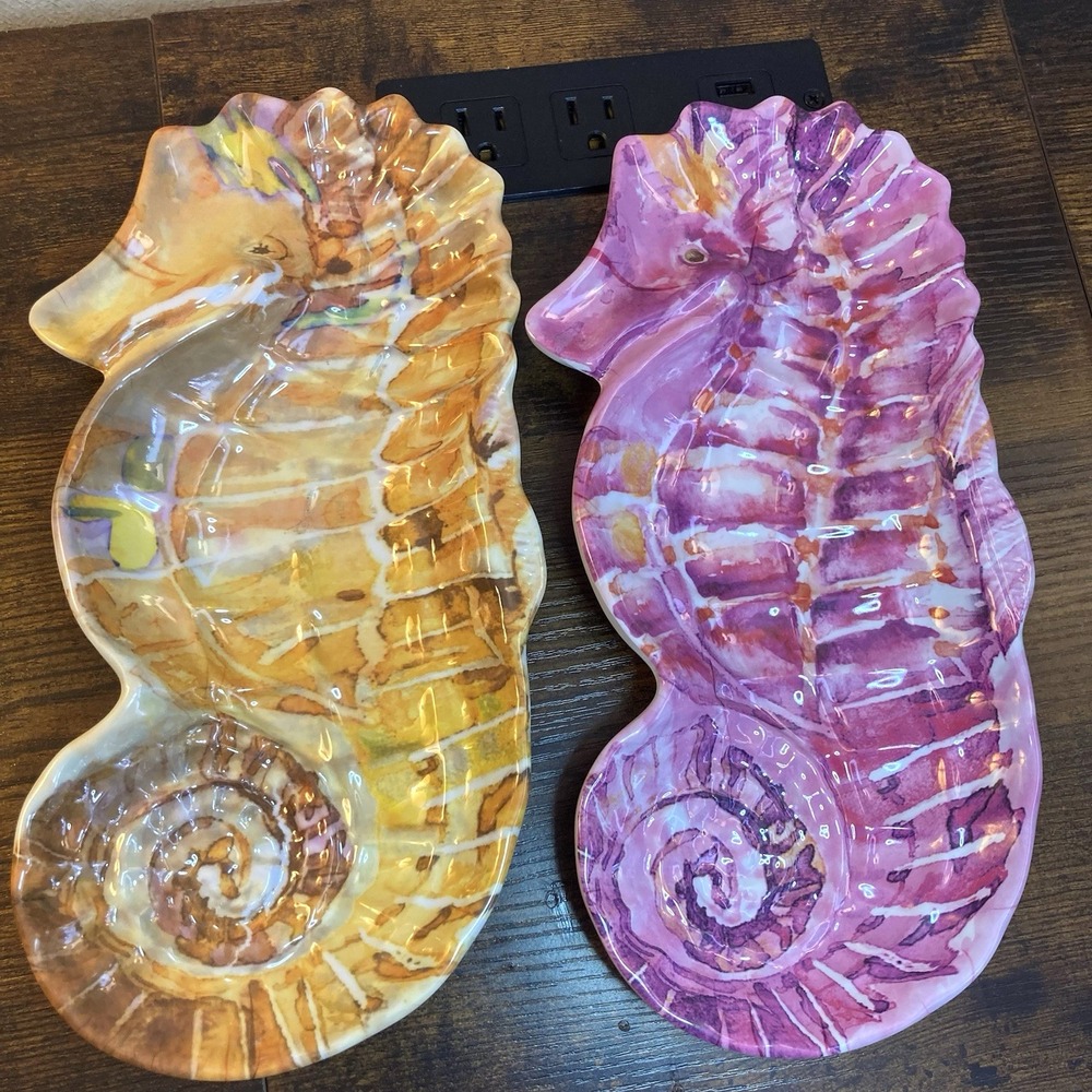 2 Melamine Sea Horse 11.5" x 5.5" Platters Chip and Dip Trays Sea Life EUC